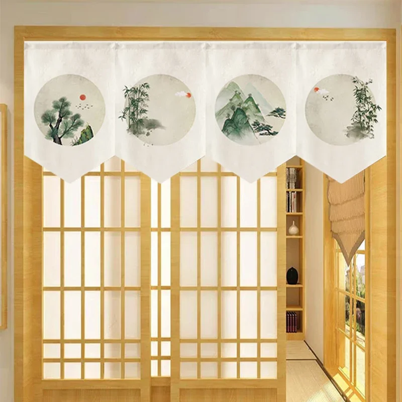 Retro Teahouse Partition Curtain Chinese Ancient Style Landscape Printed Door Head Short Curtain Tea Room Signboard Hanging Flag