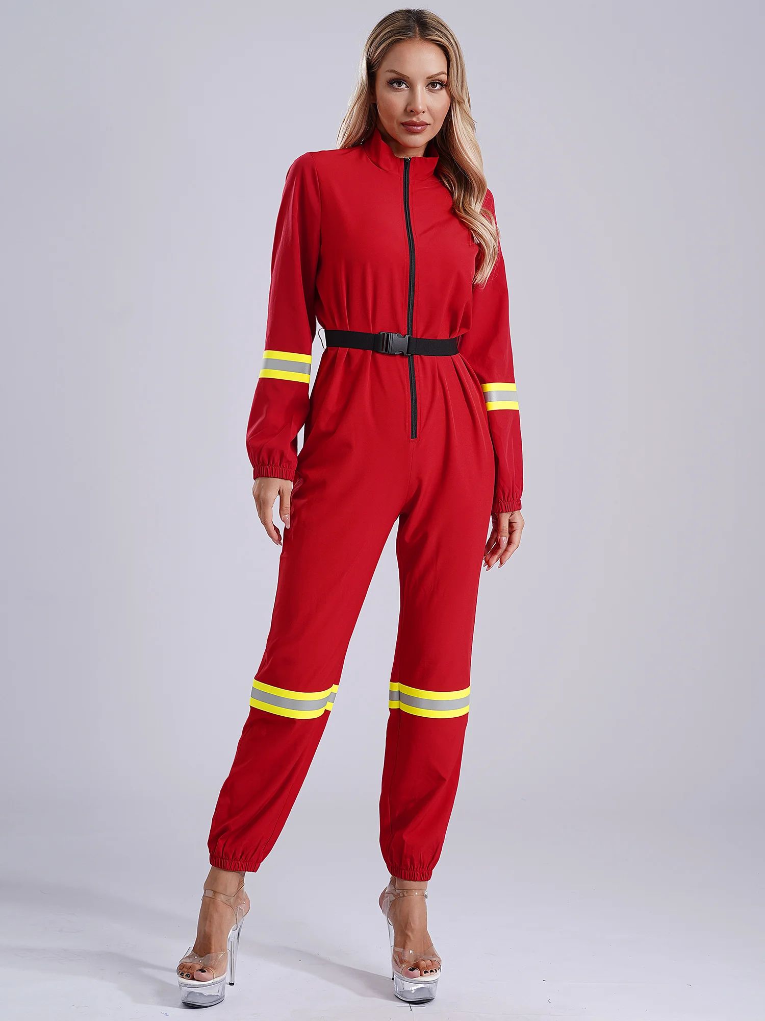 Womens Firefighter Cosplay Costumes Halloween Jumpsuit Romper with Belt Stand Collar Long Sleeve Front Zipper Bodysuit Clubwear