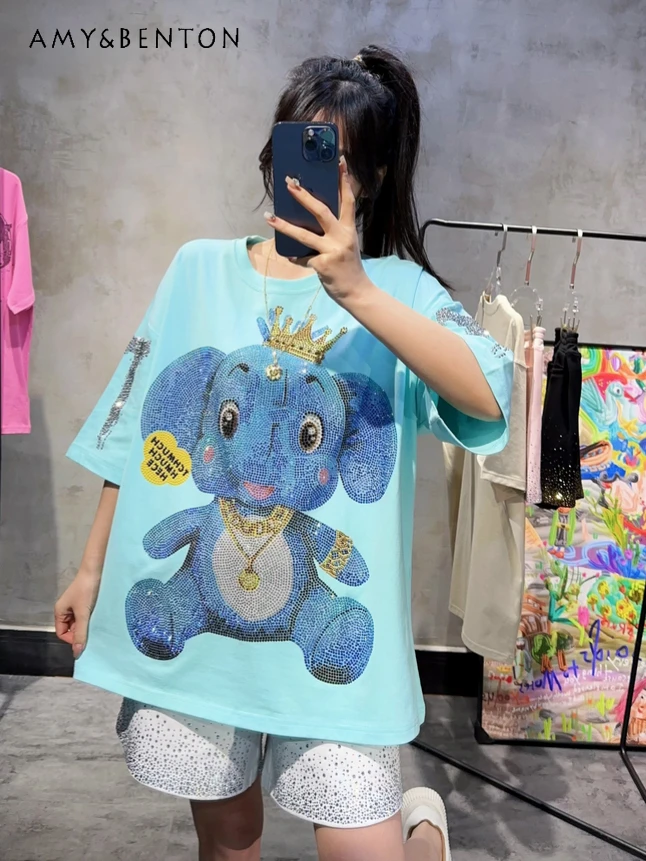 

Street Personality Oversized T Shirt Heavy Embroidery Hot Drilling Cartoon Printed Short-Sleeved Tops Loose Graphic T Shirts
