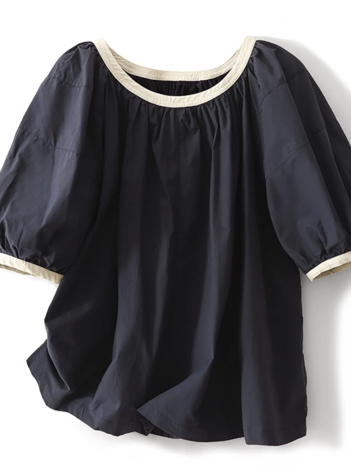 

Loose Casual Bubble Sve irt Women's Summer New Sle round Ne Versatile Doll irt Age-Defng Seven-Quarter Sve