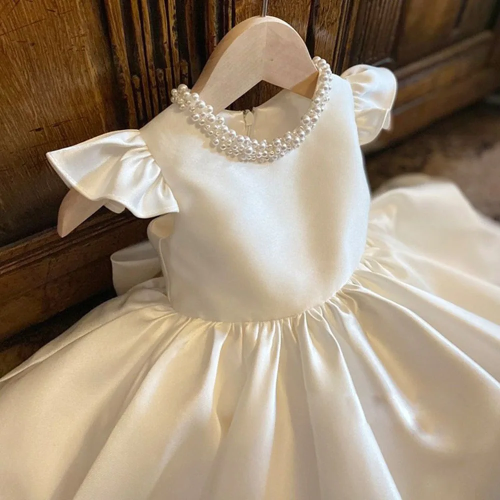 HETISO Baby Dresses for Wedding Pearl Necklace Girl Kid\'s Dress White Toddler Clothes Elegant Birthday Gown 1-8 Years