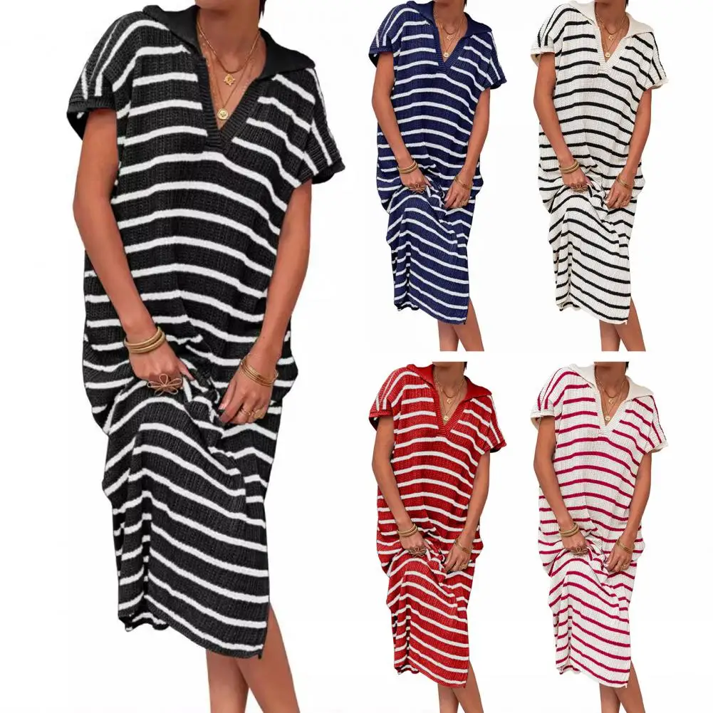 

V Neck Collared Dress Striped V Neck Midi Dress for Women Summer Pullover with Split Hem Short Sleeves Stylish Lapel for Wear