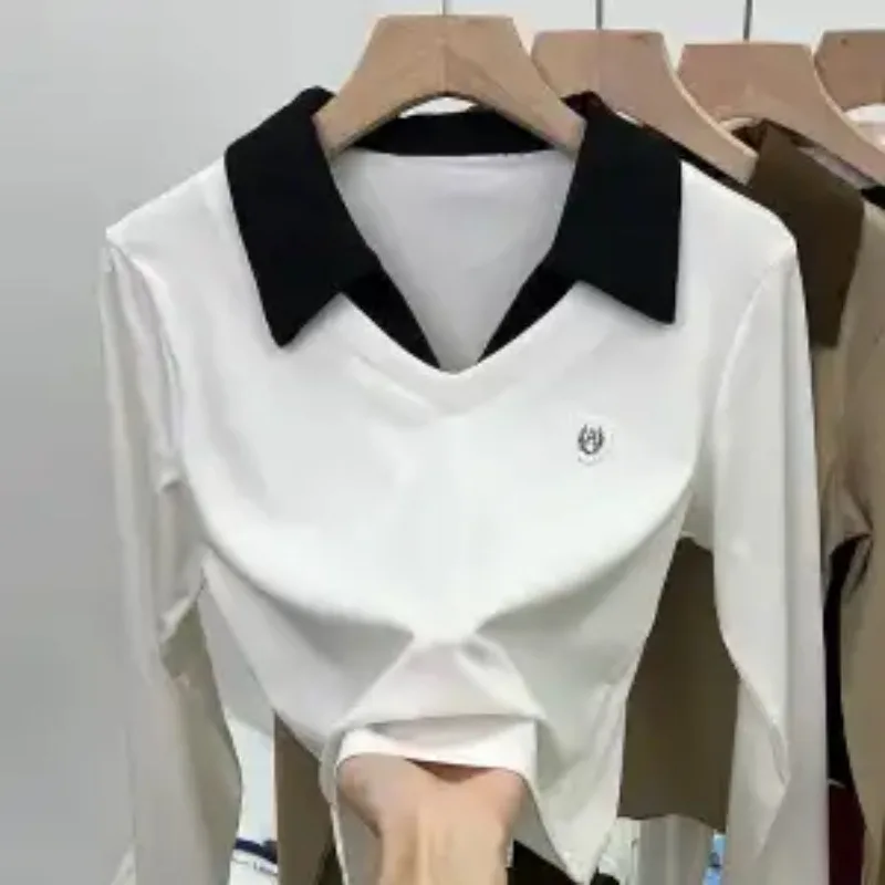 Western Fake Two-piece Polo Tops High-end Bottoming Shirts Women Long-sleeved T-shirts Thin Autumn Winter Versatile Pullovers
