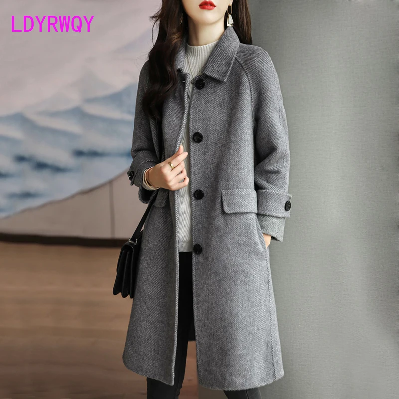 

2023 Autumn/Winter New Style Black Woolen Coat Korean Version Women's Mid length Coat