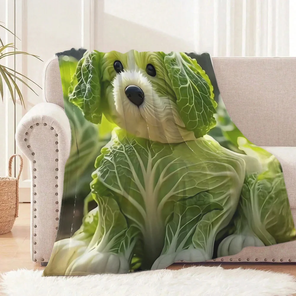 Cozy Throw Blanket With Cabbage Puppy Design, All‑Season Soft Blanket for Pet Lovers and Vegetarians, Unique Holiday Birthday Gi