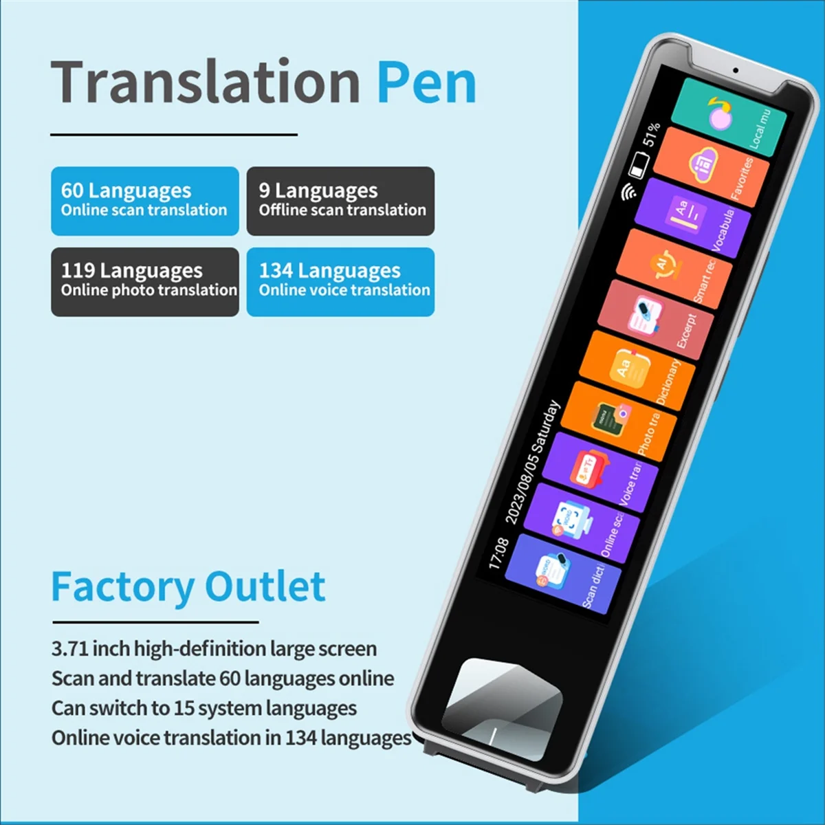 Scanner Translation Pen Offline Smart Language Voice Translator Machine 134 Languages Intelligent Translator Pen White