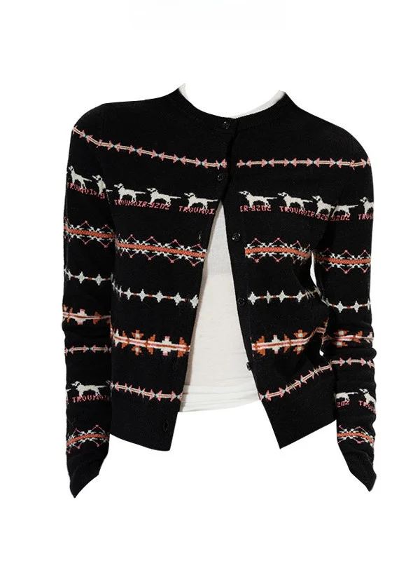 

Осенне-зимний вязаный шерстяной кардиган для женщин с узором в виде собак, на молнии, повседневный, для работы и отдыха
