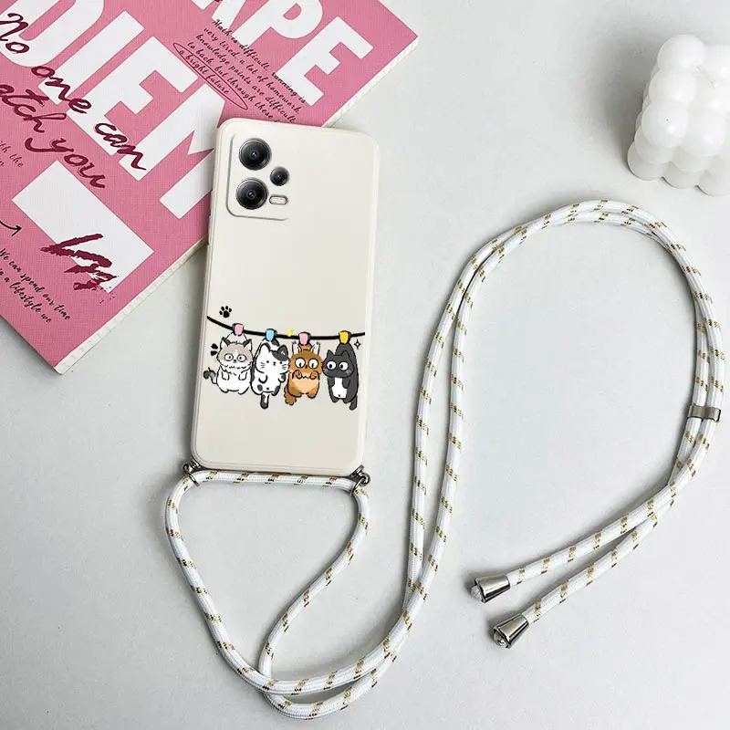 X5 Four Little Cat Lanyard Silicone Phone Case For Xiaomi Poco X5 X3 X3NFC X3GT X4GT M5 M3 C65 C31 X3Pro X4Pro C40 M4Pro Cover