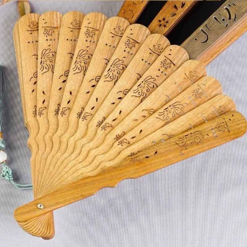 Chinese Ancient Style Folding Fan Green Sandalwood Hollow Out Craft Classical Fan Home Decoration Solid Wood Fan