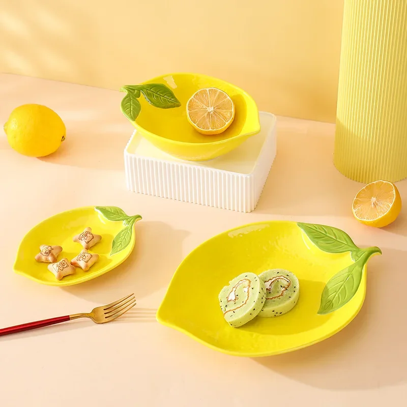 Creative Cartoon Lemon Shaped Ceramic Salad Bowl Soup Bowl Family Fruit Snack Plate Kitchen Utensils Accessories
