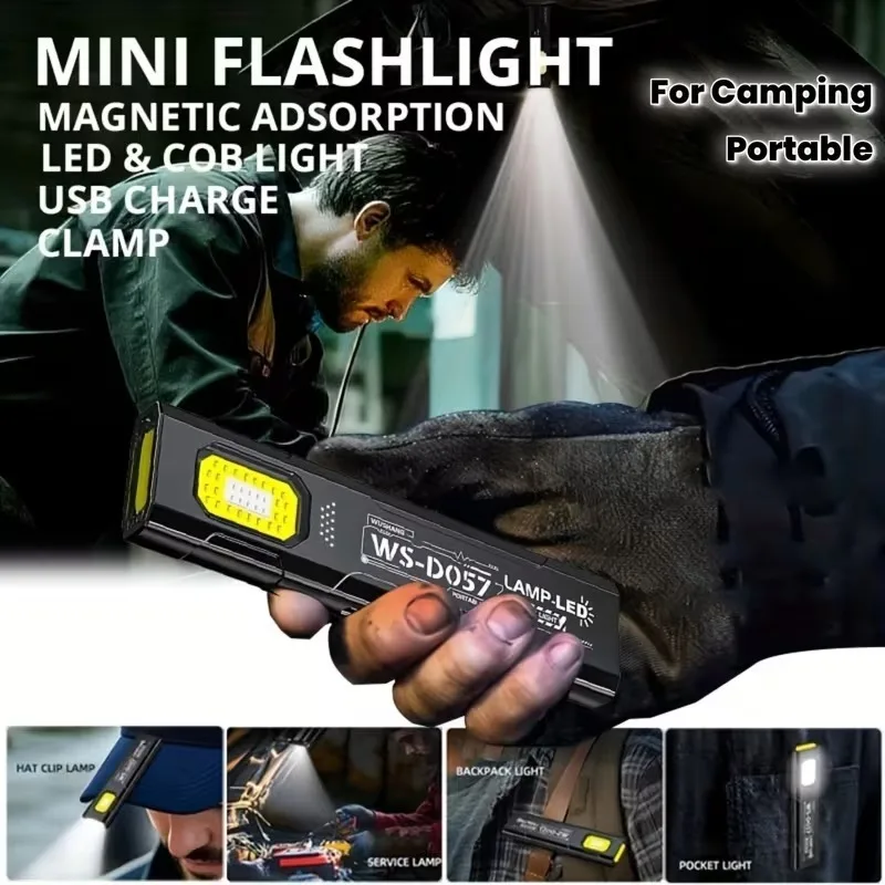 11*2.7CM LED Magnetic Work Light 550LM Portable Mini RechargeableFlashlight Bright Repair Lamp for OutdoorCamping Emergency Use