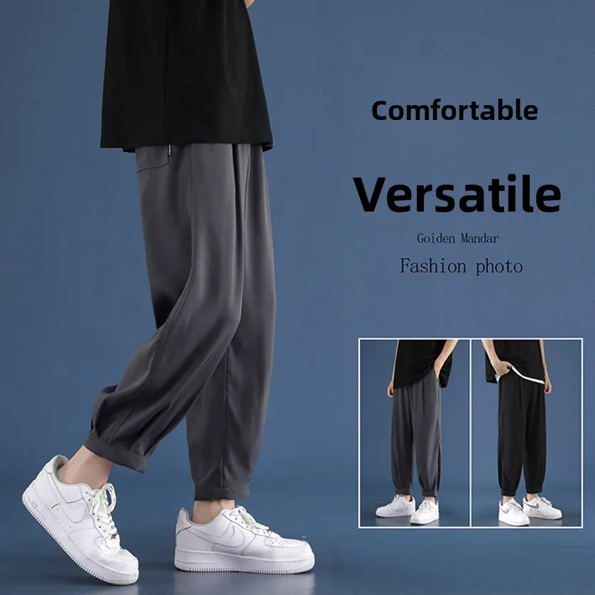 

Мужские летние тонкие прямые повседневные брюки из ледяного шелка, спортивные брюки с девятью точками, свободный крой, удобные дышащие брендовые модные брюки