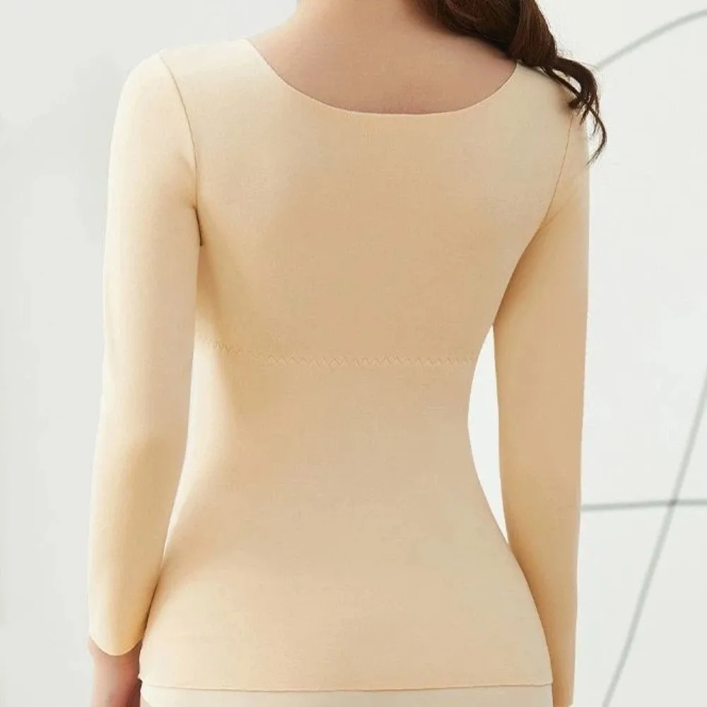 الخامس الرقبة النساء الملابس الحرارية بلون المخملية الصوف ملابس اخلية حرارية الملابس الداخلية غير مرئية الدفء بلوزات طويلة الخريف/الشتاء #3