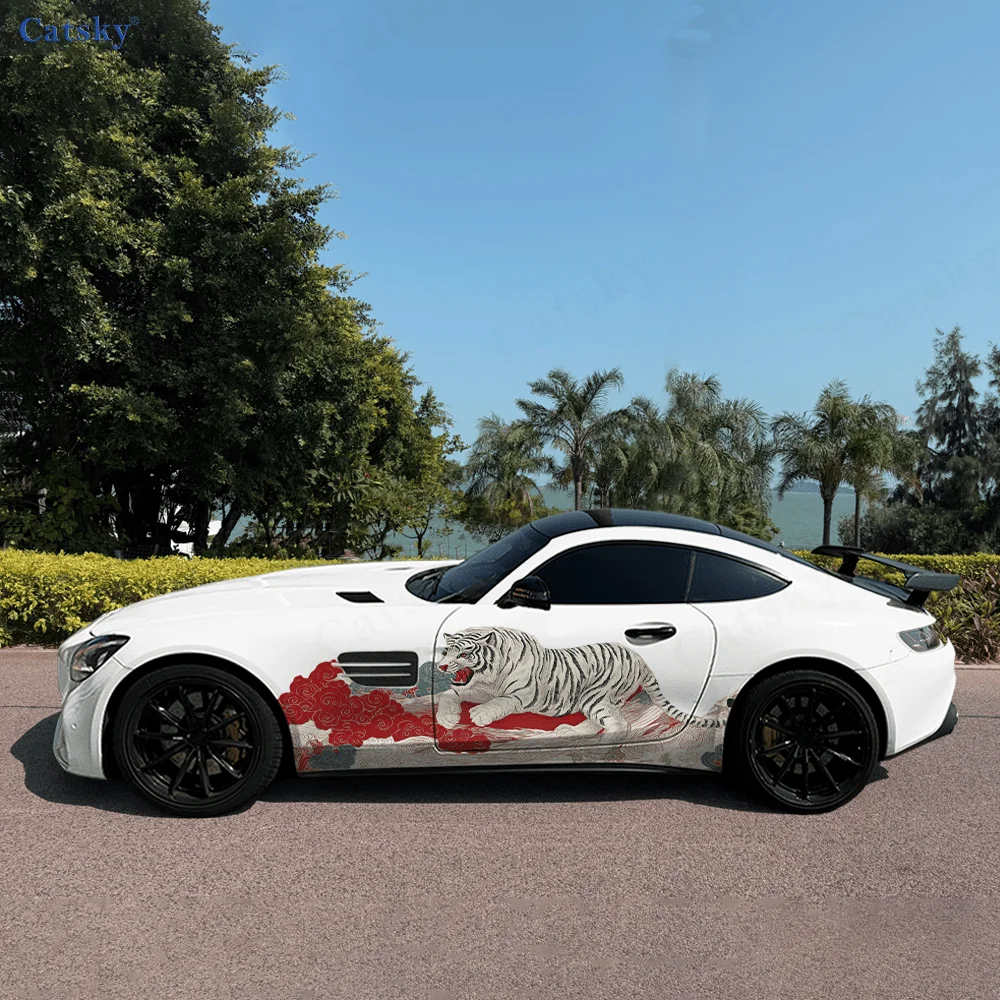 CATSKY.2pcs.Cool Traditional Tiger, Cloud Patterns & Wave Decorative Fitting Scratch-Resistant Car Wrap Sticker
