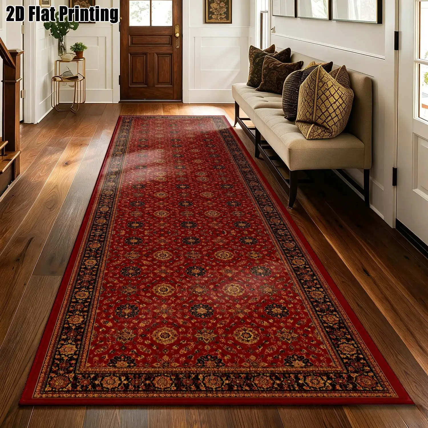 1Pc 2D Printed Long Strip Rug, Red Geometric/European/Bohemian/Vintage Style, Home Decor, Multi-Size, Machine-Washable, Suitable for Entrance, Corridor, Living Room, Bedroom