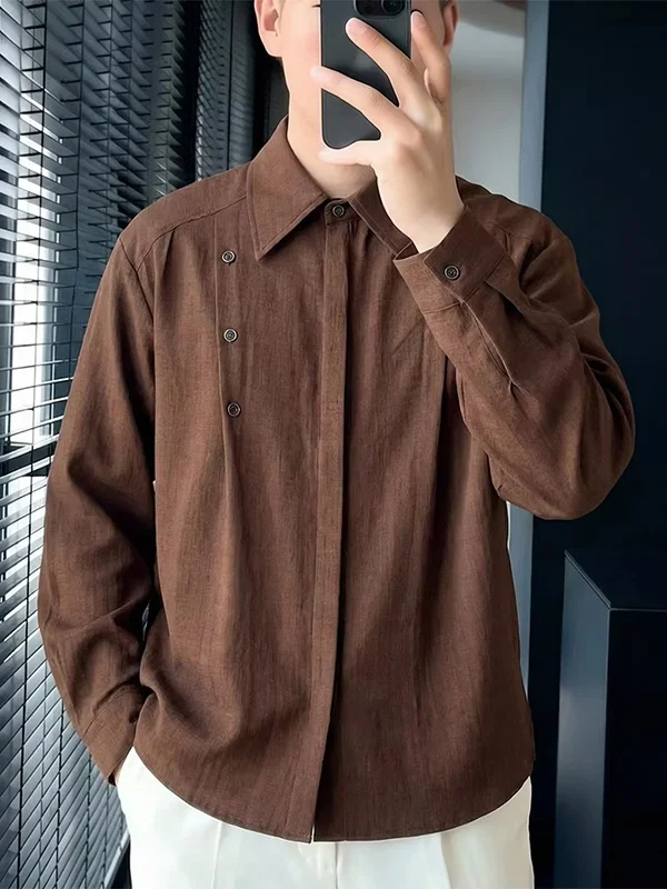 

Spring 2026 Simple Design Turn-down Collar Long Sve Single-button American Retro Men's irt Loose Fit Classic Sle Pure ...