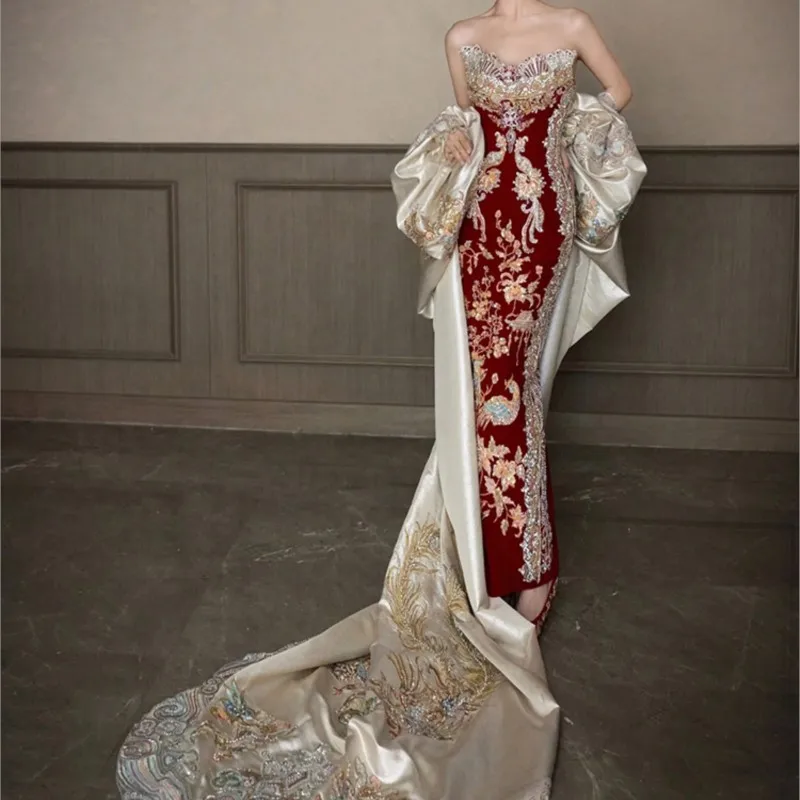 Red wedding new Chinese sense toasting dragon phoenix gown dress - Image 3