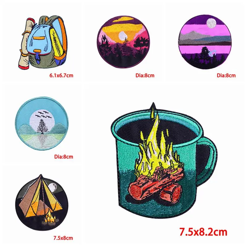 10PCS/Lots Camping Embroidered Patches On Clothes Hiking Patch Iron On Patches For Clothing Sunset Backpack Embroidered Stickers