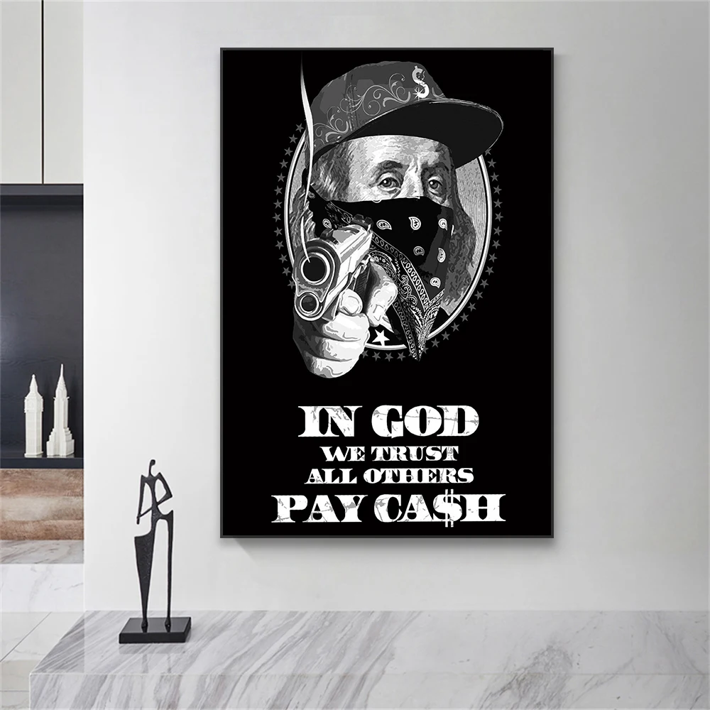 Funny Black and White Artwork Prints Modern Ben Franklin Pop Art Canvas Painting Hustle Wall Art Poster Home Living Room Decor