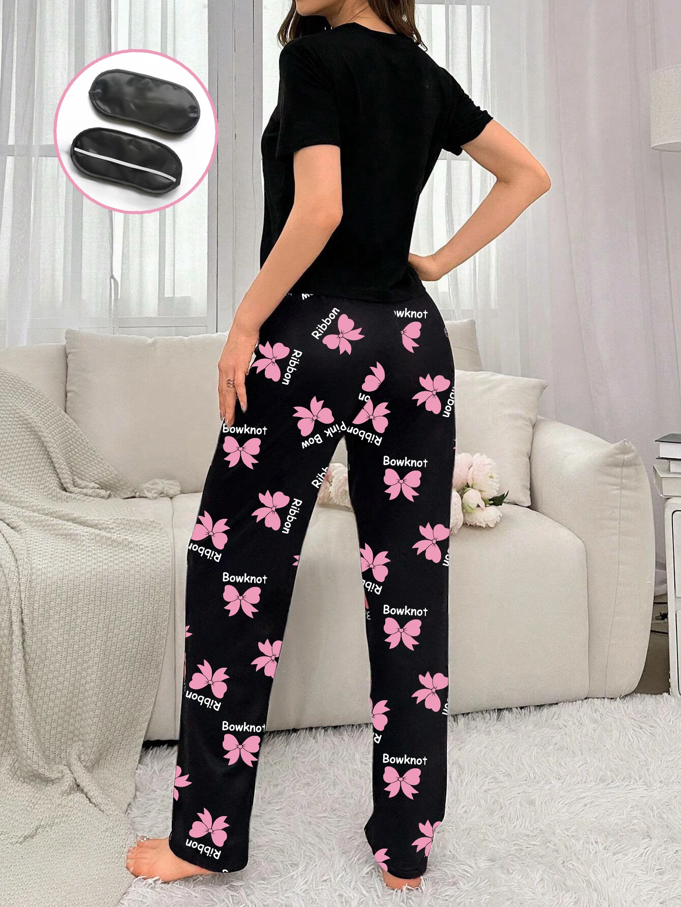 Women's new style bow print short-sleeved trousers two-piece casual comfort home wear eye mask pajamas set