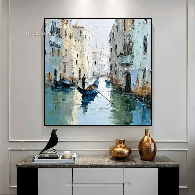 Hand Painted Thick Impasto Canal Oil Painting, Palette Knife Italian Gondola Cityscape Canvas Original Wall Art Decor