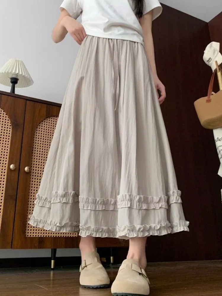 Light Grey Ruffle Hem Midi Skirt Women's Summer Thin High Waist Slimming Holiday Style A-Line Skirt Commute Korean Style