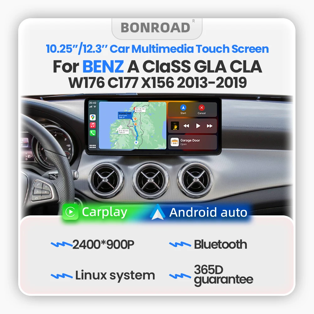 BONROAD Lecteur multimédia de voiture sans fil CarPlay Linux 12,3 pouces, écran tactile, radio stéréo, Android Auto pour Mercedes Benz Classe A W176 GLA X156 CLA C117 2013-2019 NTG4.5 /NTG5.0, système de navigation