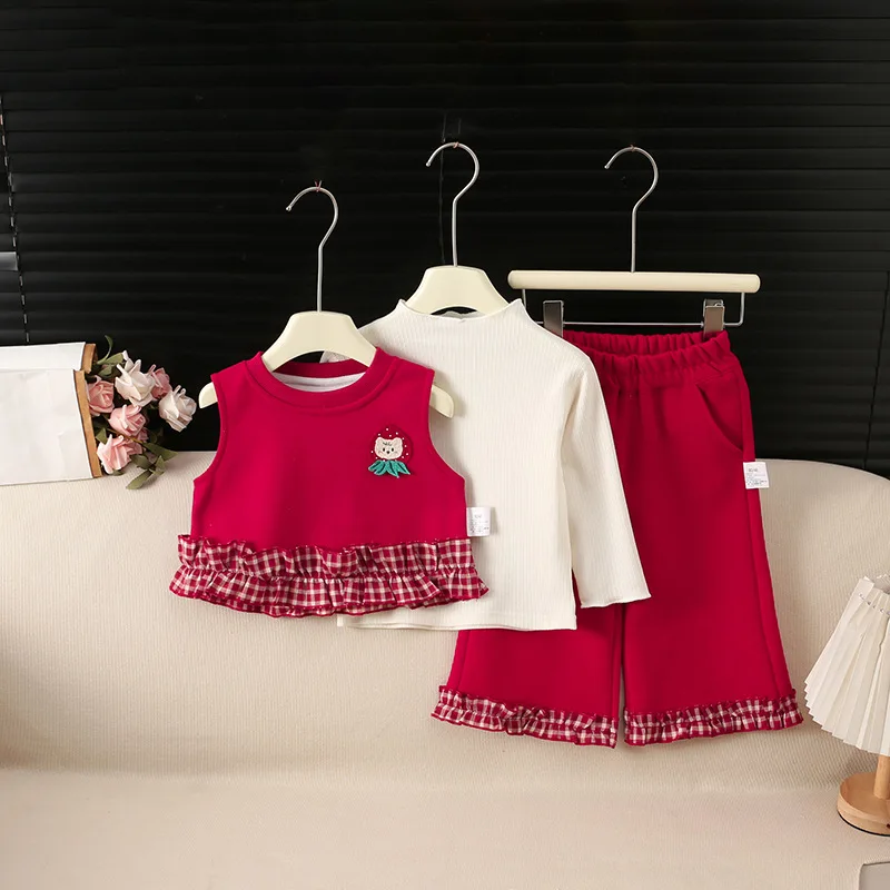 1-6Y Autumn Kids Casual 3Pcs Clothes Girls Cartoon Patch Ruffle Trim Top Solid Color Pants Red Children Set Daily