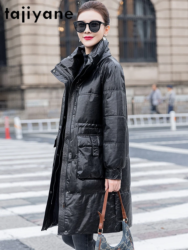 TAJIYANE 100% جلد البقر أوزة أسفل معطف المرأة أنيق سليم الجلد الحقيقي سترة منفوخة الشتاء ملابس خارجية امرأة الملابس 2025 신상АКю터