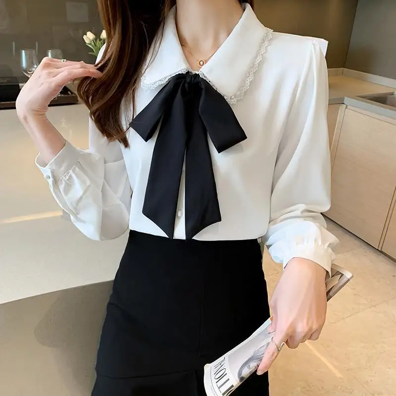 Women Lace Patchwork Bow Vintage Elegant Button Up Shirt Korean Fashion Sweet Chic Casual Blouse Solid Long Sleeve Chiffon Tops