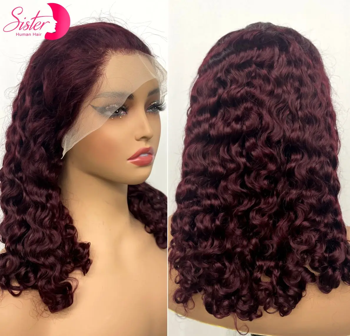 

Burgundy 99J# 13x4 Lace Frontal Water Wave Human Hair Wigs 200% Density Short Colored Burmese Bouncy Curly Hair Wigs for Women