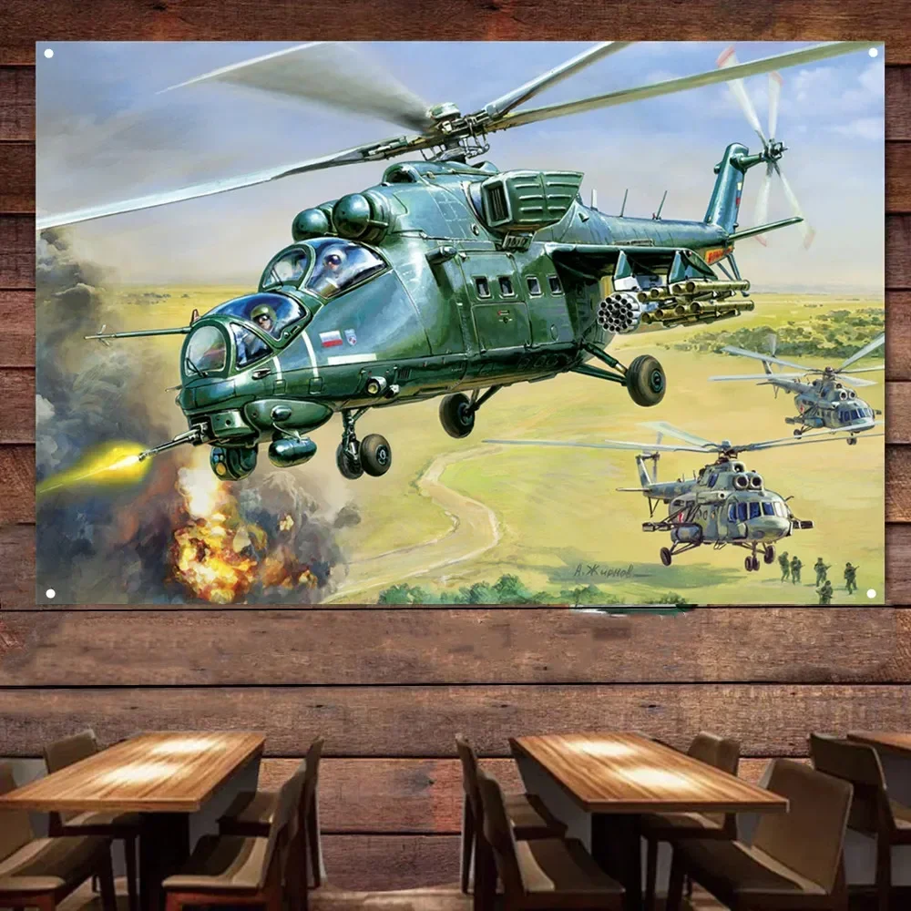 Soviet Air Force Military Art Banner Wall Hanging Flag - Mi-35M Attack Helicopter Poster Canvas Painting Tapestry Wall Decor