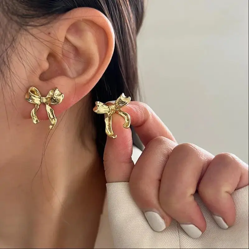 Vintage Metal Bowknot Earrings For Women Sweet Elegant Gold Color Women's Stud Earring Christmas Party Jewelry