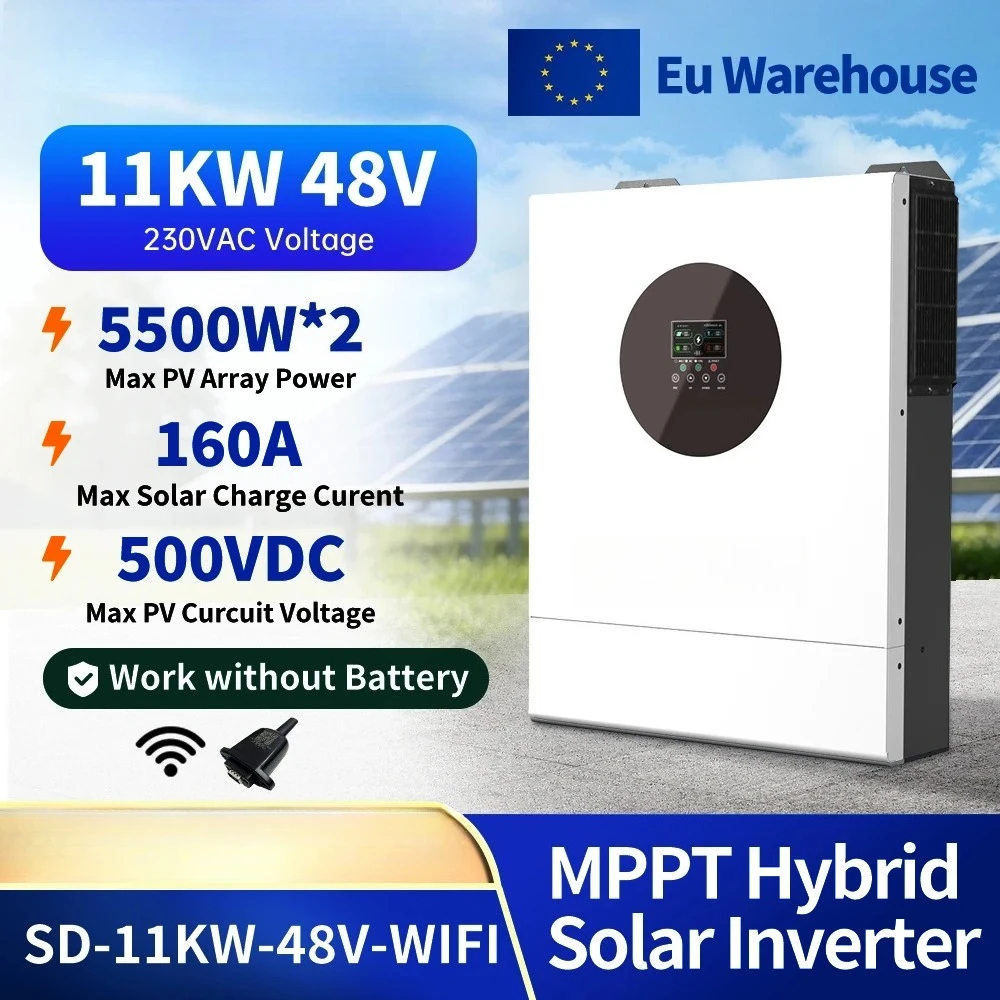 11KW 48V Hybrid Solar Inverter Off Grid 230VAC Pure Sine Wave Dual PV Input 2 MPPT 160A Solar Charger 60-500V