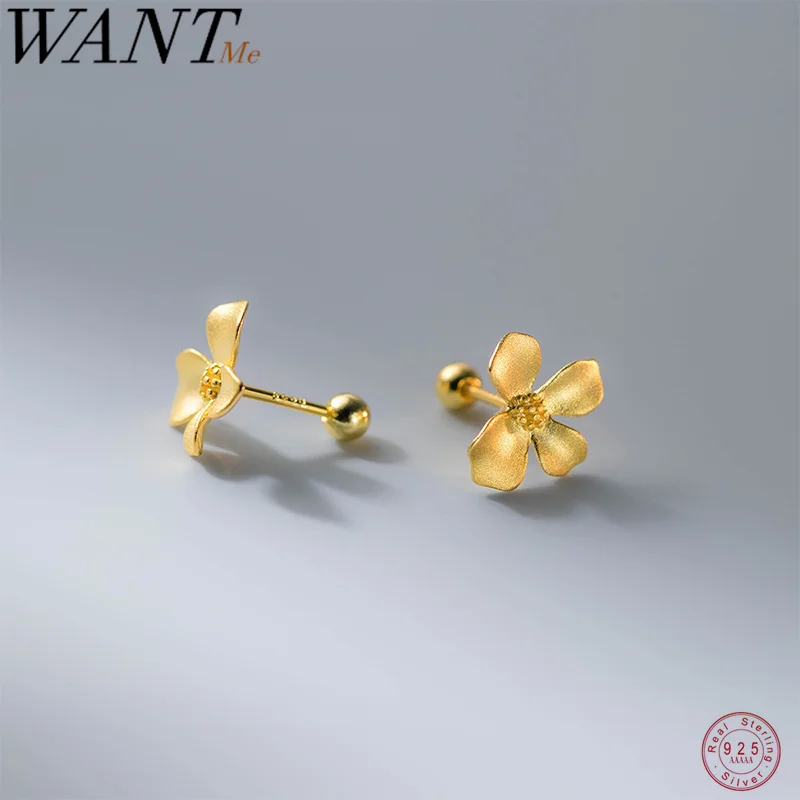 WANTME 925 Sterling Silver Romantic Statement Matte Gold Flower Screw Stud Earrings for Women Fashion Sweet Girl Party Jewelry