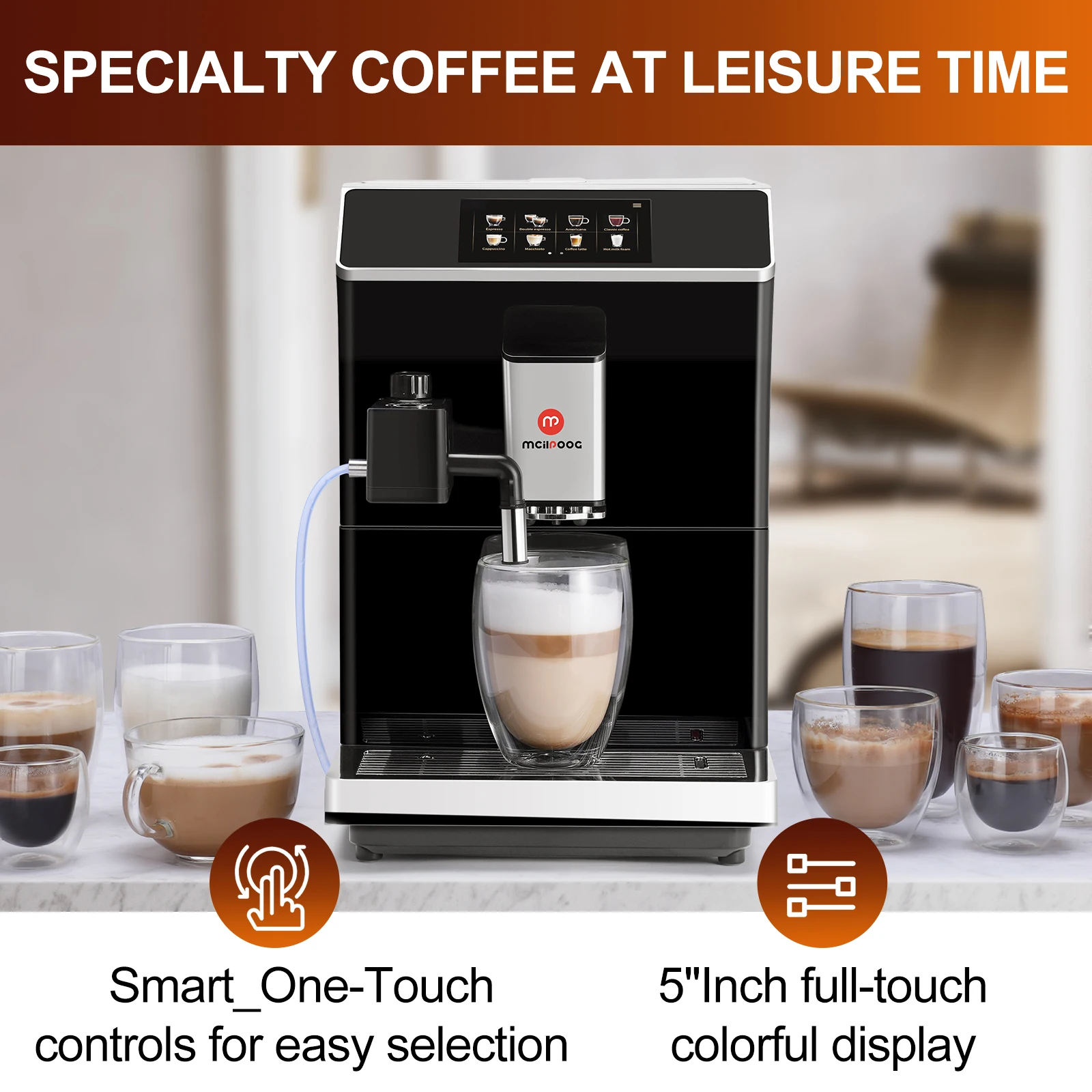 Mcilpoog WS203 Fully Automatic Machine Bean to Cup Cappuccino With Milk Frother, 16 Flavors , Touch Display, Ideal for Home Use.