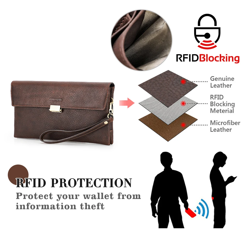 CONTACT'S Handgefertigte Vollnarbenleder-Clutch-Tasche mit RFID-Schutz, Handgelenktasche, Große Kapazität, Herren-Reißverschlusstasche für Business – Detail 9