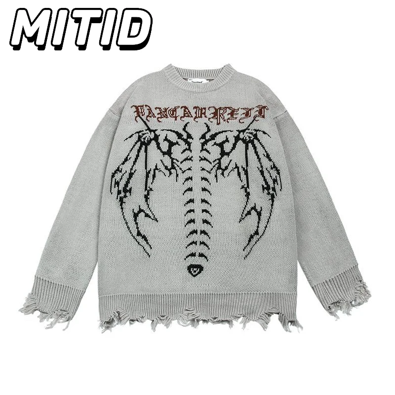 

High Street Autumn Sweater Men and Women Oversized Hip Hop Streetwear Skeleton Wings Printed Couple Knitwear Ripped Pullovers