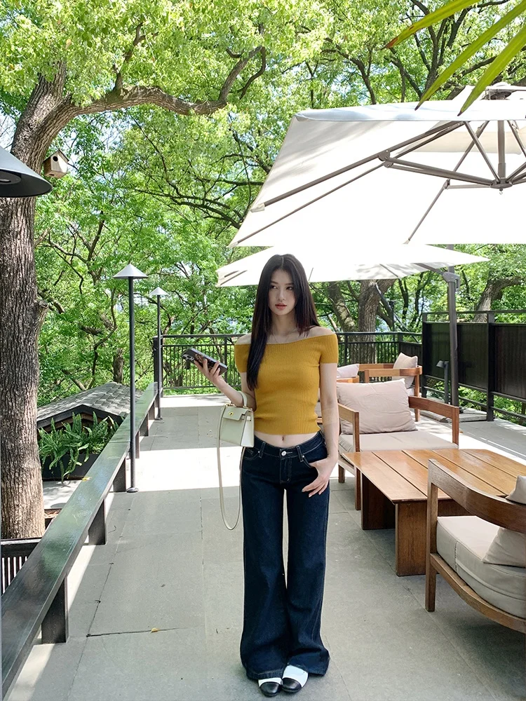 

Джинсовые брюки оригинального цвета с низкой талией, женские летние темно-синие свободные широкие брюки, утягивающие брюки длиной до пола, расклешенные брюки