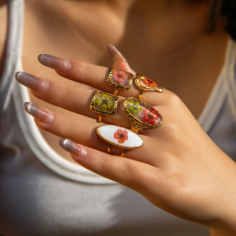 Letdiffery New Resin Dried Flower Rings for Women Stainless Steel Colorful Retro Open Adjustable Rings Statement Jewelry Gifts