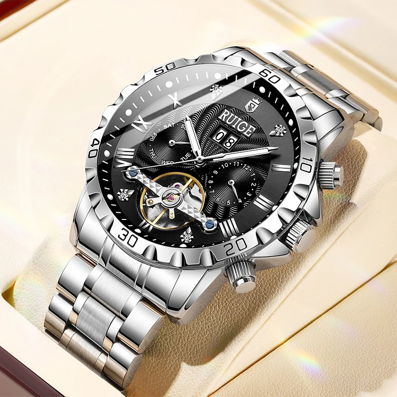 RUIGE multifunktionale vollautomatische mechanische Uhr Herren hohl Edelstahl Luxusuhr Nachtlicht wasserdicht Trend wa 4