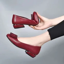 Soft Pu Leather Women's Low Heel Shoes Shallow Mouth All-match Comfortable Pumps Thick Heels Ladies Work Small Leather Shoes