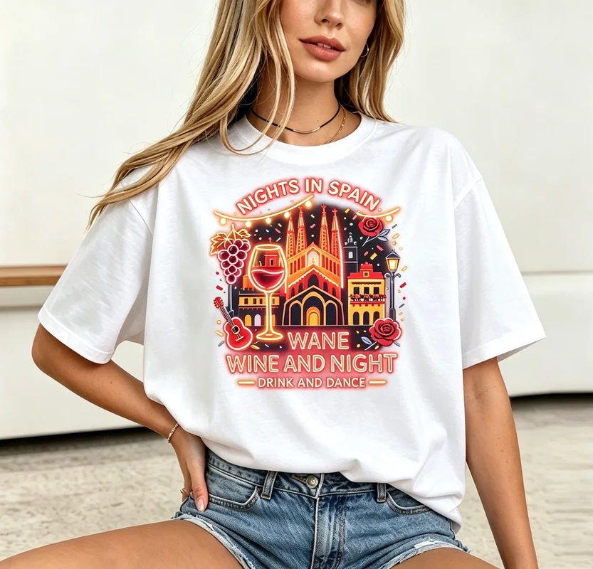 Novelty Spain Travel Souvenir Tee for Women Nights in Spain City Wine Grape Print Casual Short Sleeve Holiday Drinking Party