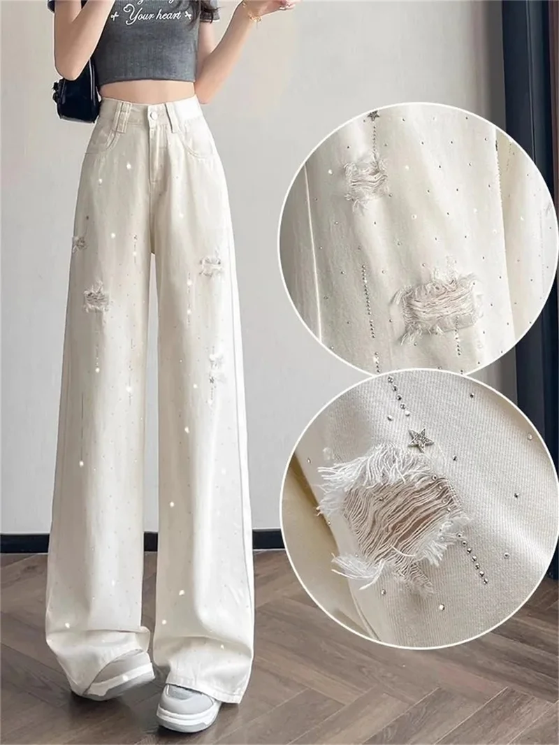 2025 White Wide Leg Jeans Women Super Hot Piercing Pants for Summer High Waist Leg Covering Hanging Feel Hot Diamond Floor Pants