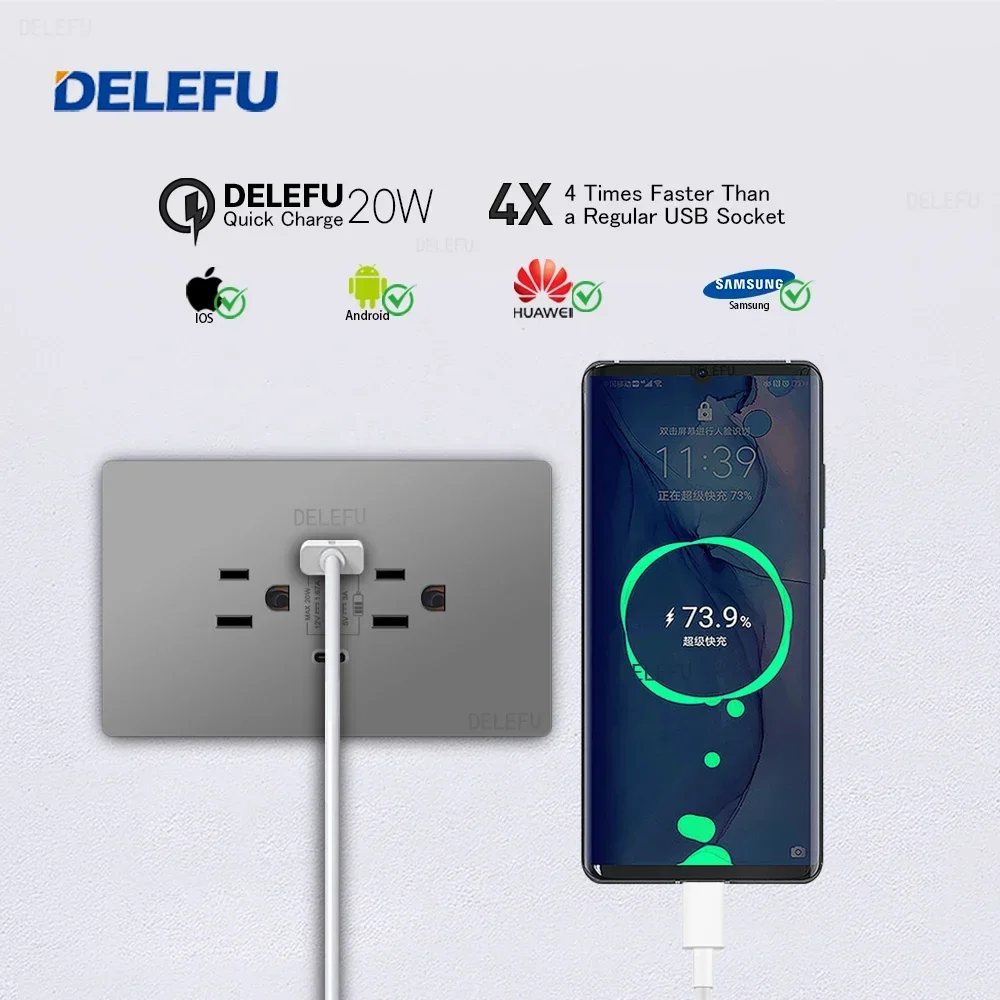 DELEFU Flame Retardant Grey PC Panel Mexico Standard Type C Fast Charging US Socket 124*76mm Wall Socket Switch