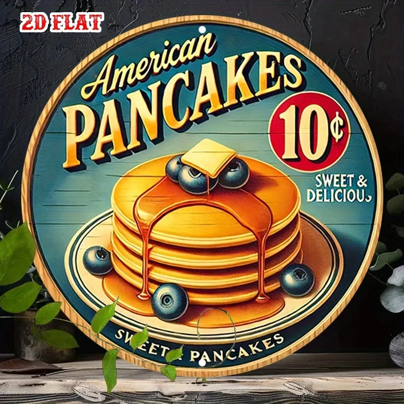 1 Piece Vintage American Pancake Metal Can Sign - 7.87inch Round Aluminum Wall Art with Blueberry Decoration, Vintage Restaurant Decor