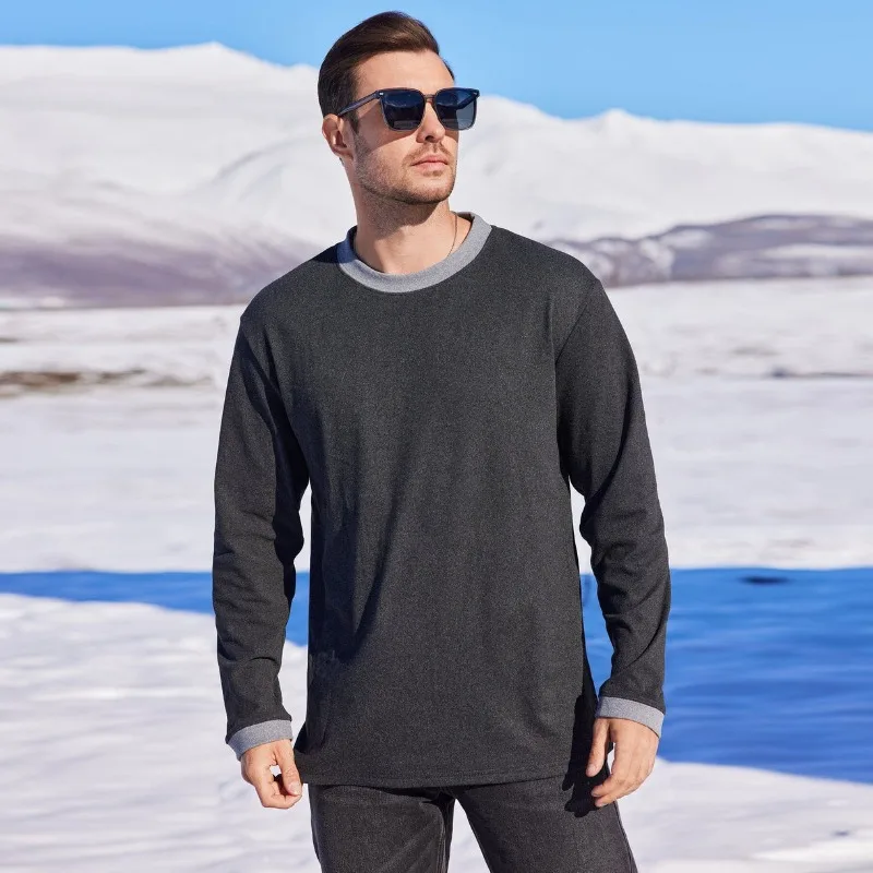 

Autumn Winter Men's Style Tops T-shirts Long-sleeved Round Necks Color-blocking Patchwork Knitted Velvet Fabric Fashionable Wear