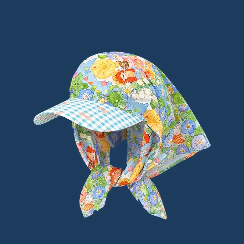Korean Style Plaid Bandana Tie Back Cap for Women - Summer Sun UV Protection Pastoral Style Triangle Visor Hat