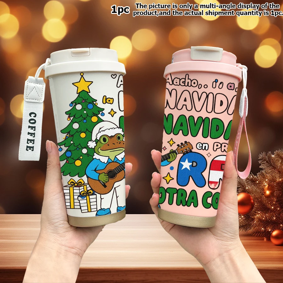 1pc 18oz stainless steel thermos bottle with straw, leak-proof cover and wristband. The back design of Christmas singer frog.
