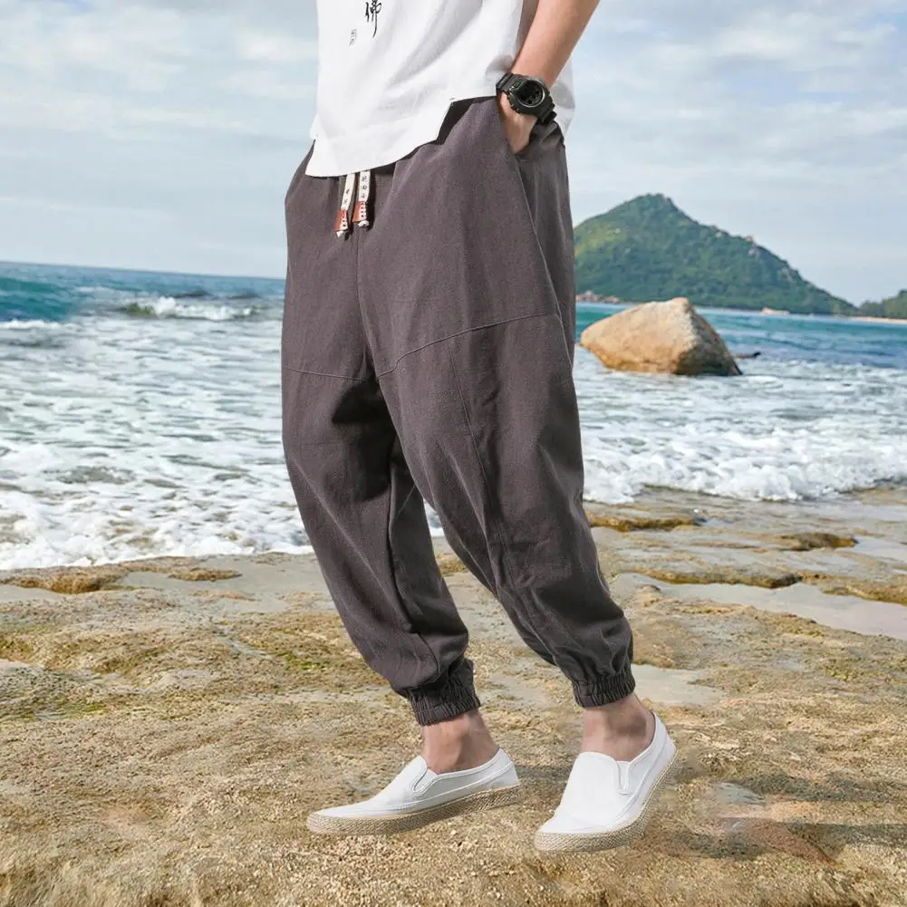 Men Casual Harem Pants Elastic Waist Trousers Japanese Style Men's Harem Pants with Deep Crotch Ankle Length Pockets for Casual